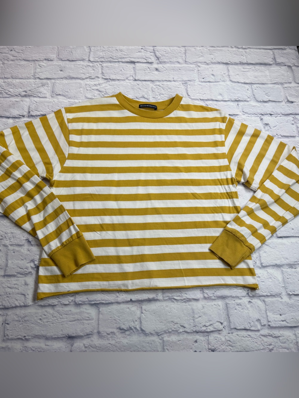 Brandy Melville Mustard Yellow and White Striped Crewneck Long Sleeve. Size M.